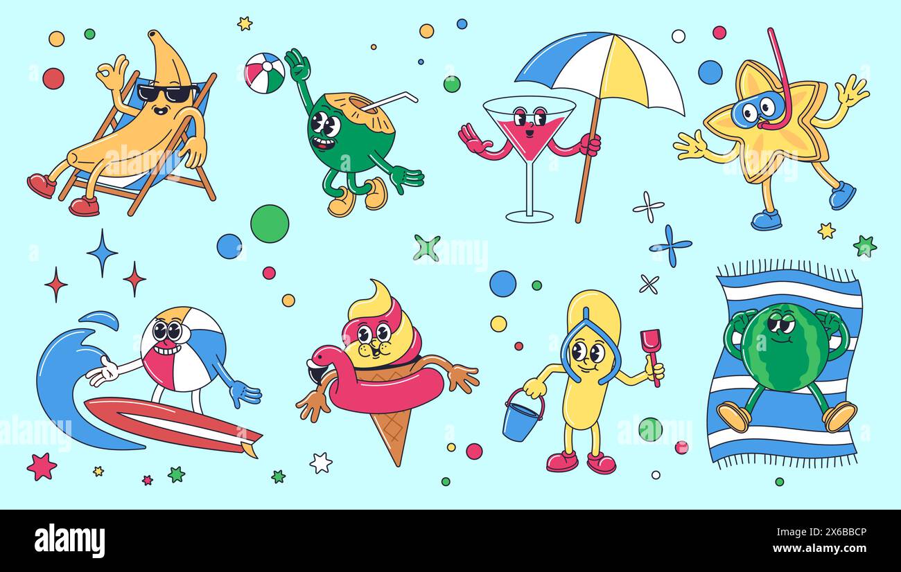 Cartoon beach mascot. Summer fun characters for vacation marketing or beach party event design. Retro 1930s style vector illustration set Stock Vector