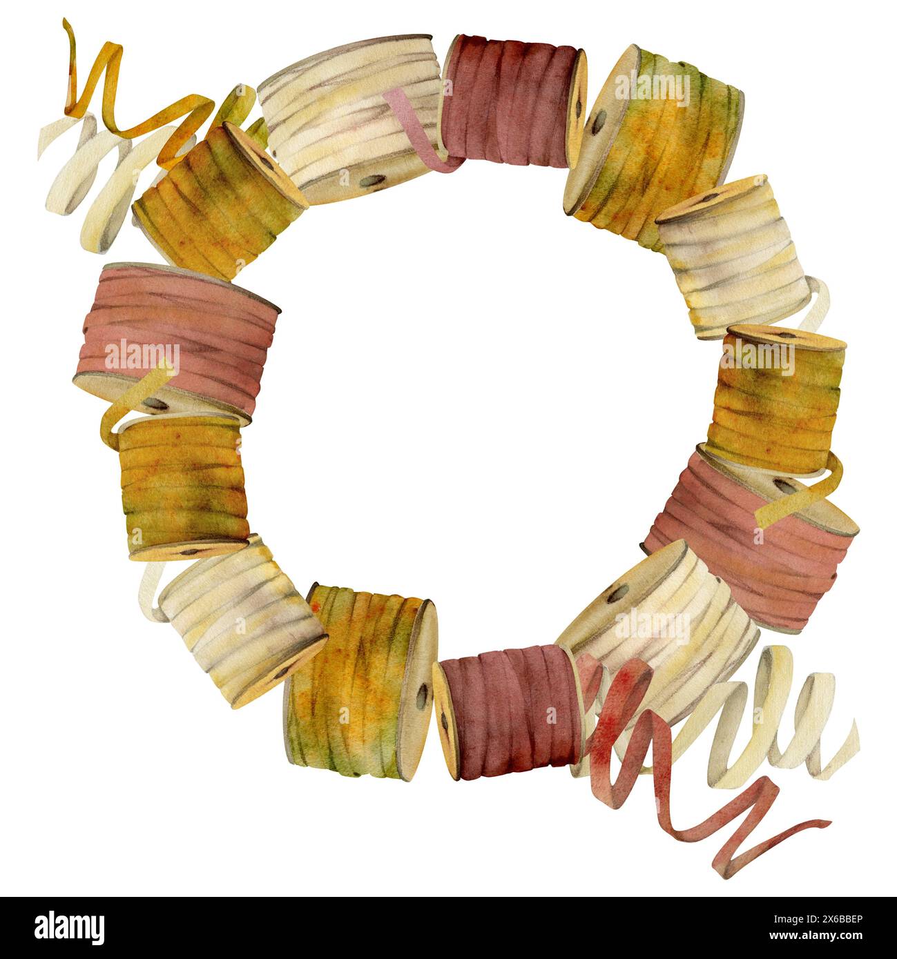 Hand drawn watercolor illustration sewing embroidery craft supplies