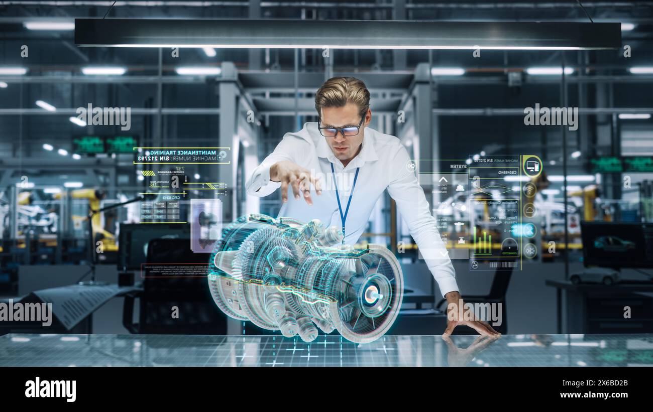 Confident Engineer in White Shirt Working on Jet Engine with Use of ...