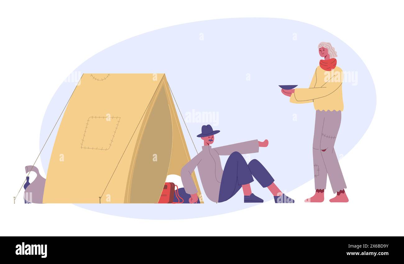 Homeless people donation. Female and male characters begging for money food. Poor woman and man sitting near tent Stock Vector