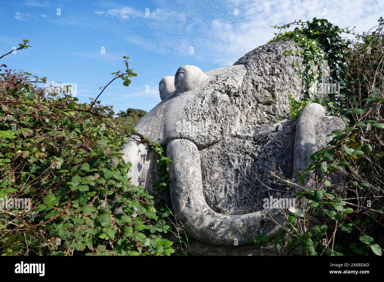 Octopus sculpture carved in Portland Stone at Tout Quarry Sculpture Park, Isle of Portland, Dorset, UK, October 2023. Stock Photo