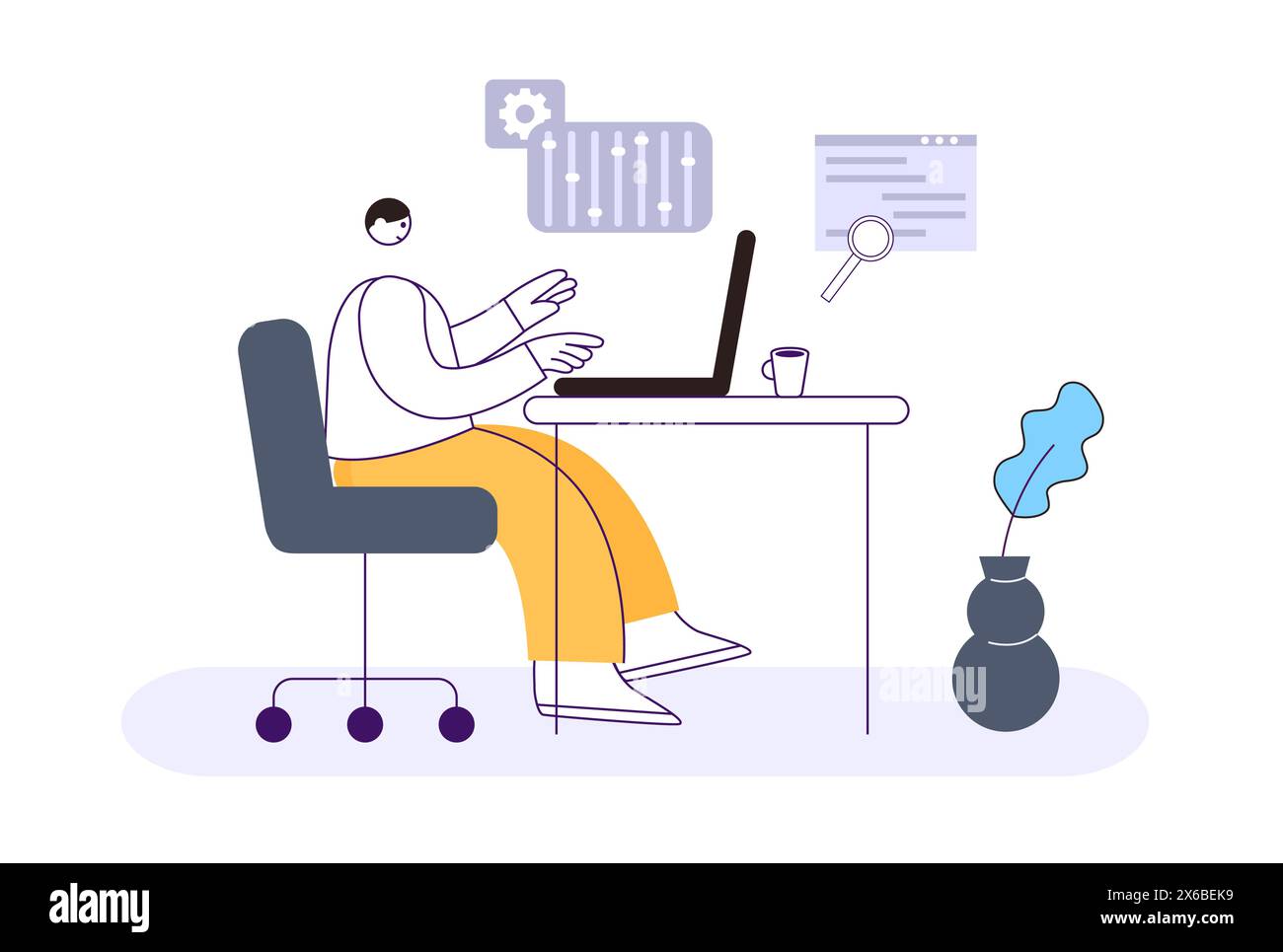 Programmer, software developer. Man sitting at desk with laptop and coding. Employee at work or freelancer Stock Vector