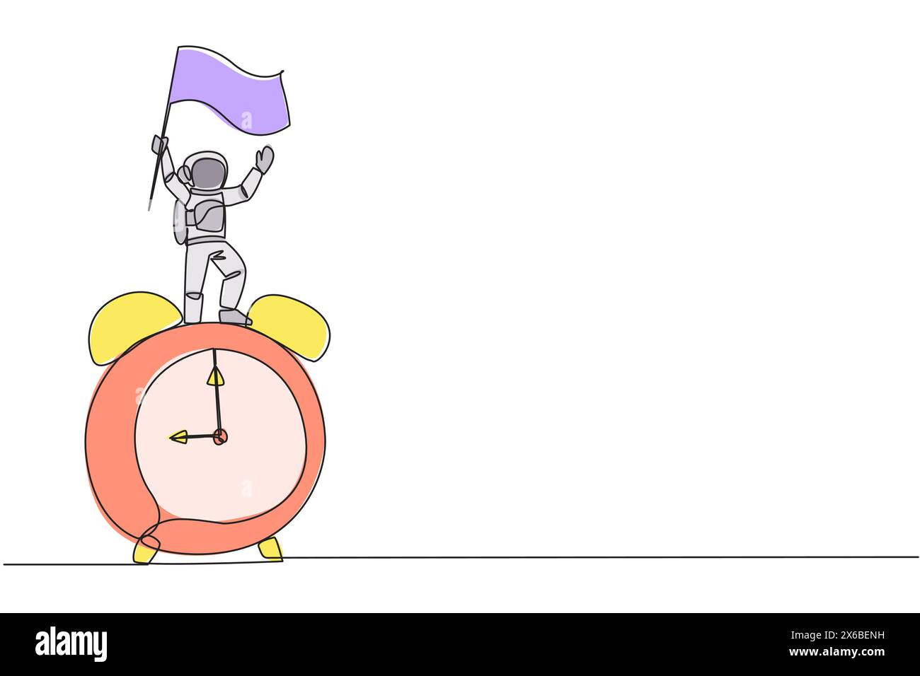 Continuous one line drawing young astronaut standing on giant alarm