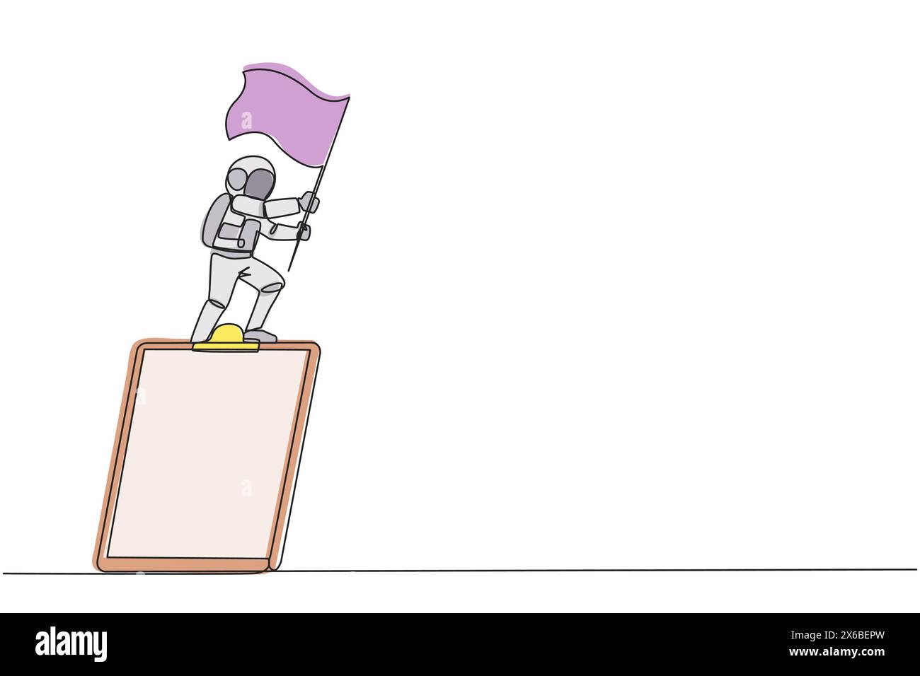 Single one line drawing young energetic astronaut standing on giant ...