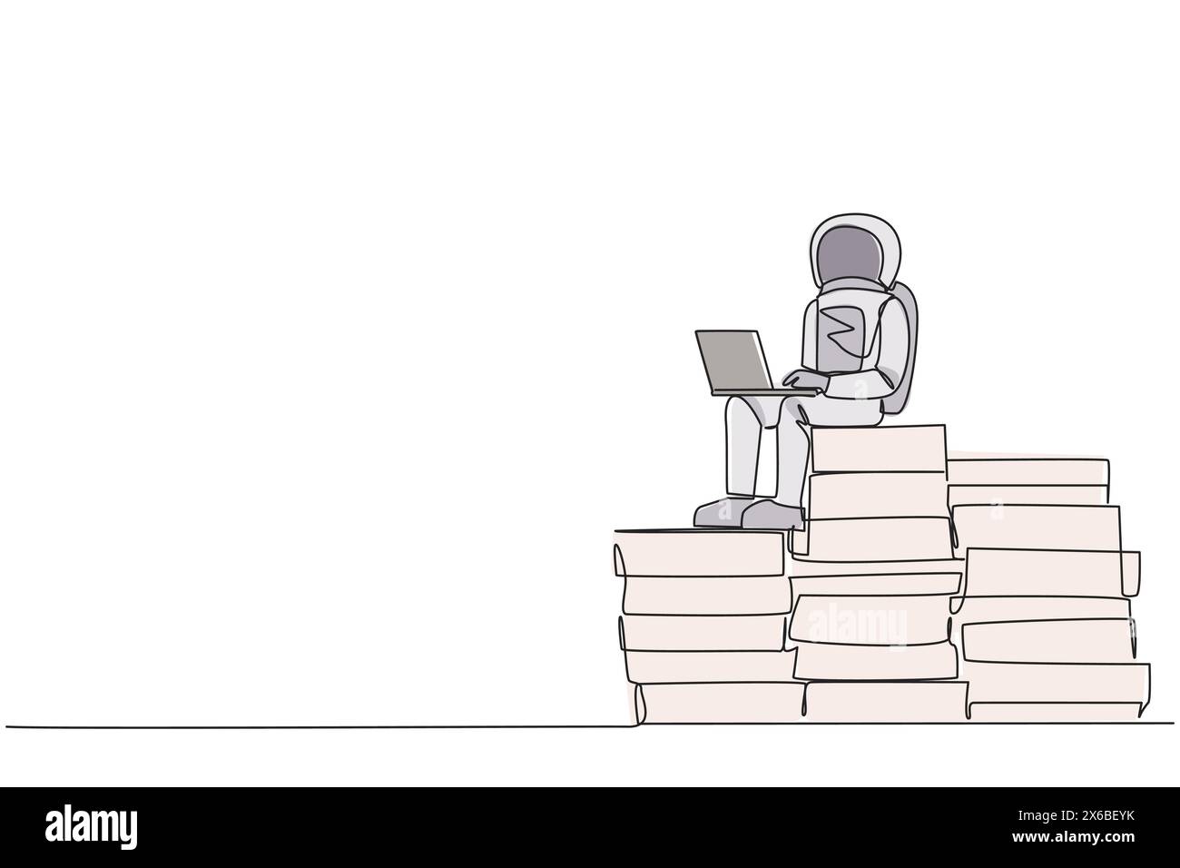 Single one line drawing young energetic astronaut sitting on pile of ...