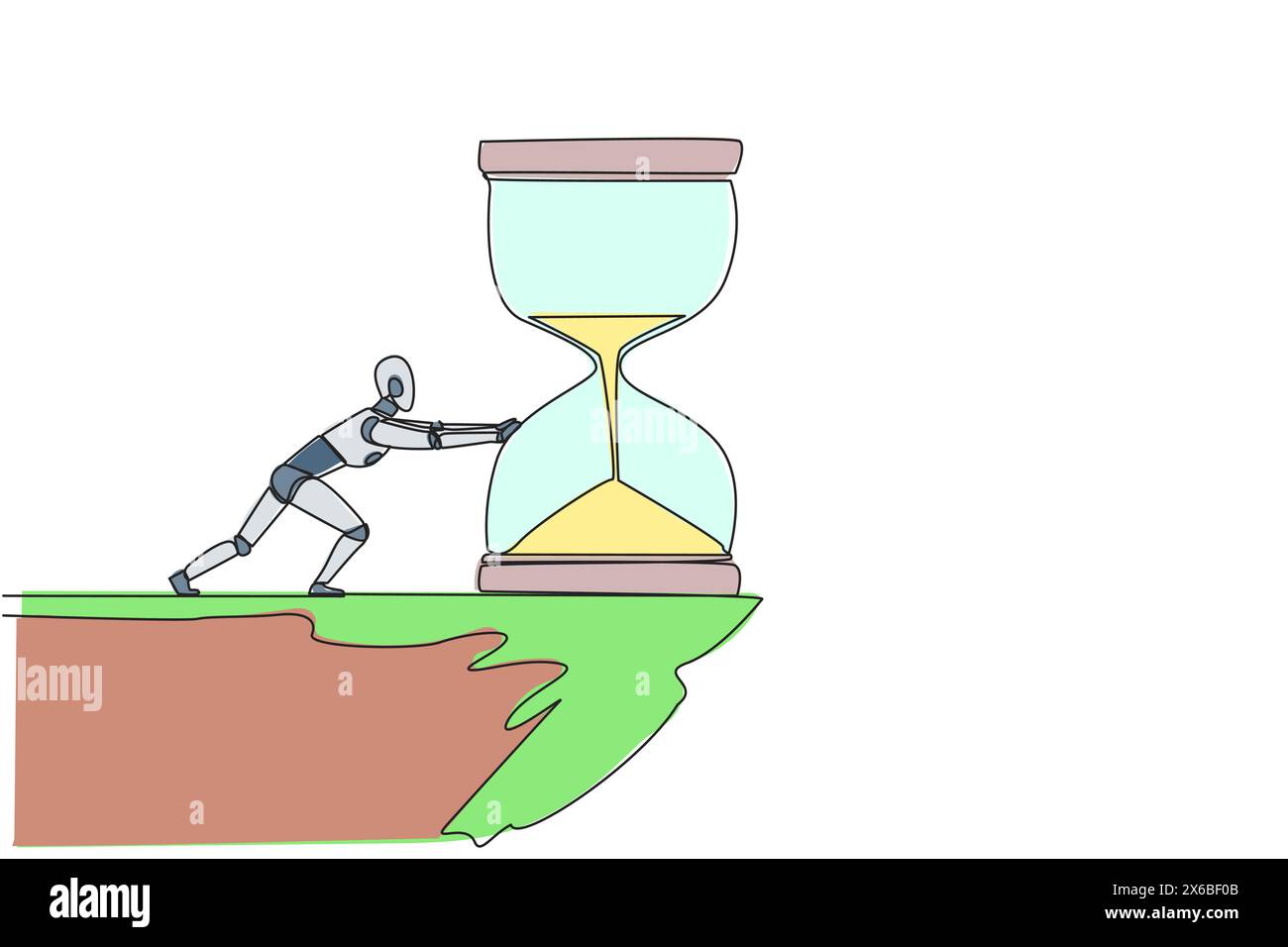 Single one line drawing robot pushes down a giant hourglass from the ...