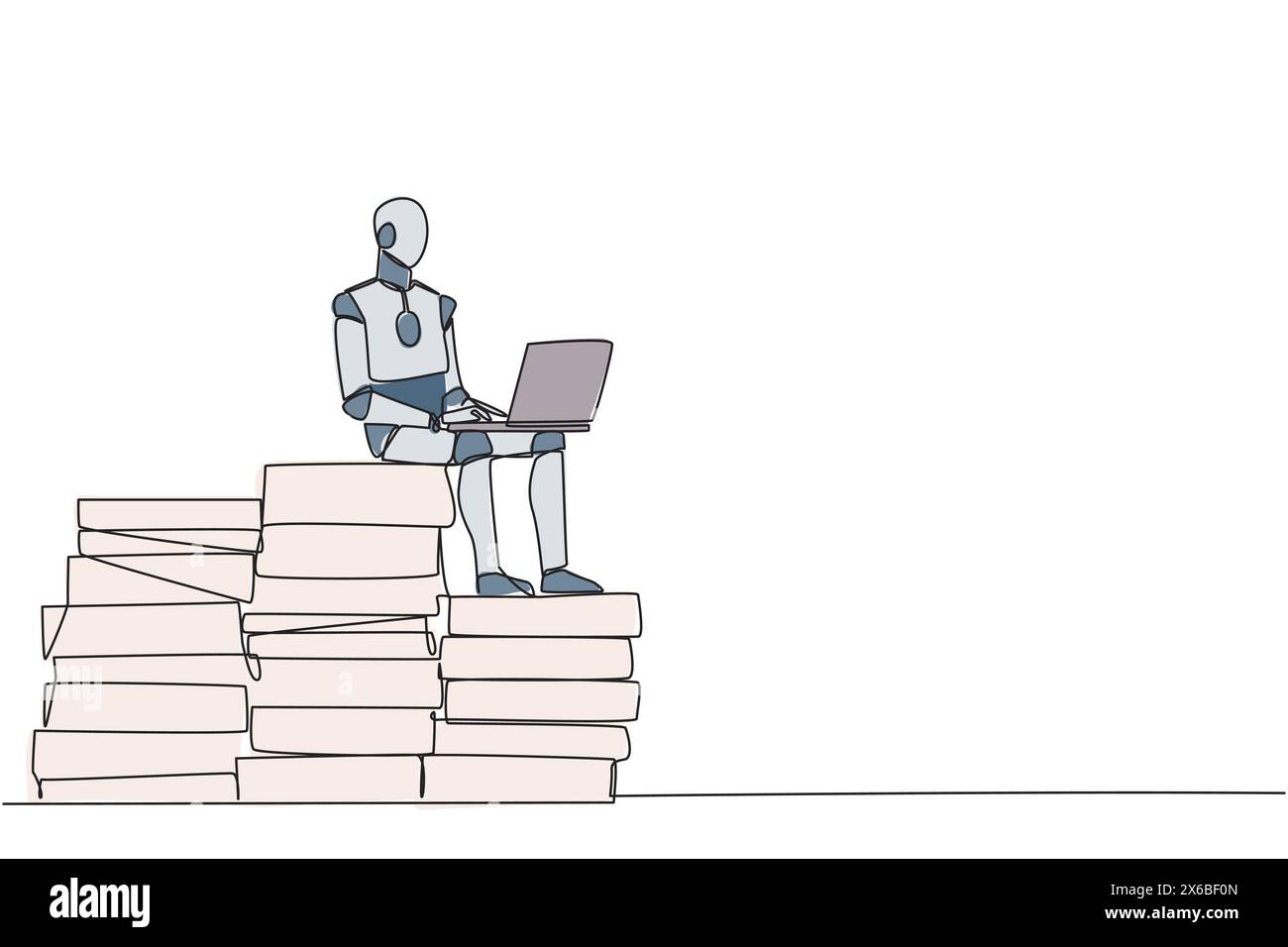 Single one line drawing robotic artificial intelligence sitting on pile of giant documents typing laptop. Robot scanning old documents to save in soft Stock Vector