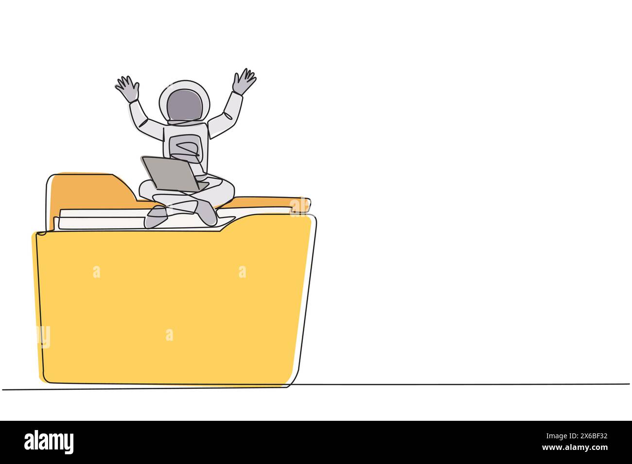 Single one line drawing young energetic astronaut sitting on giant ...