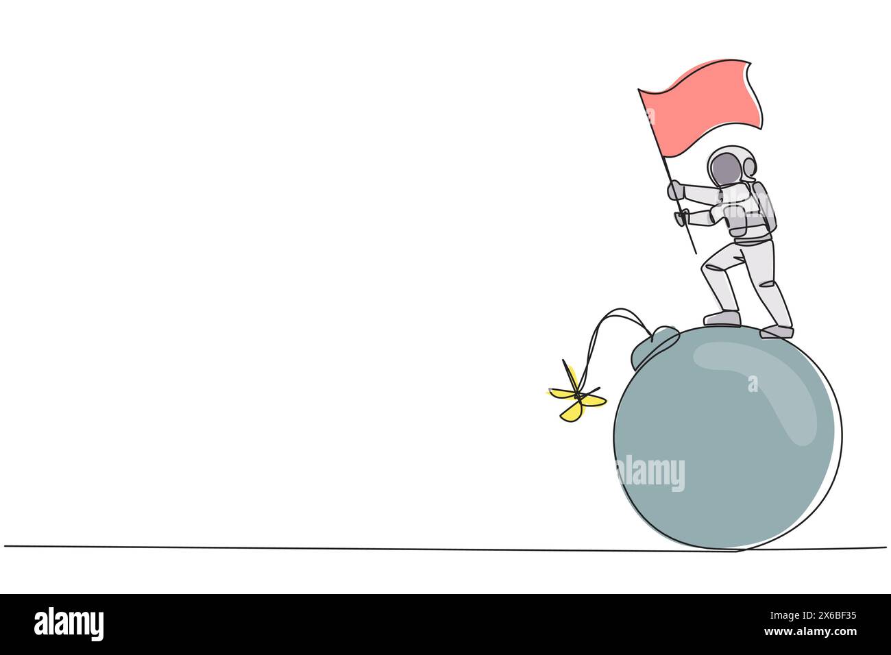 Single continuous line drawing young astronaut standing on large bomb ...