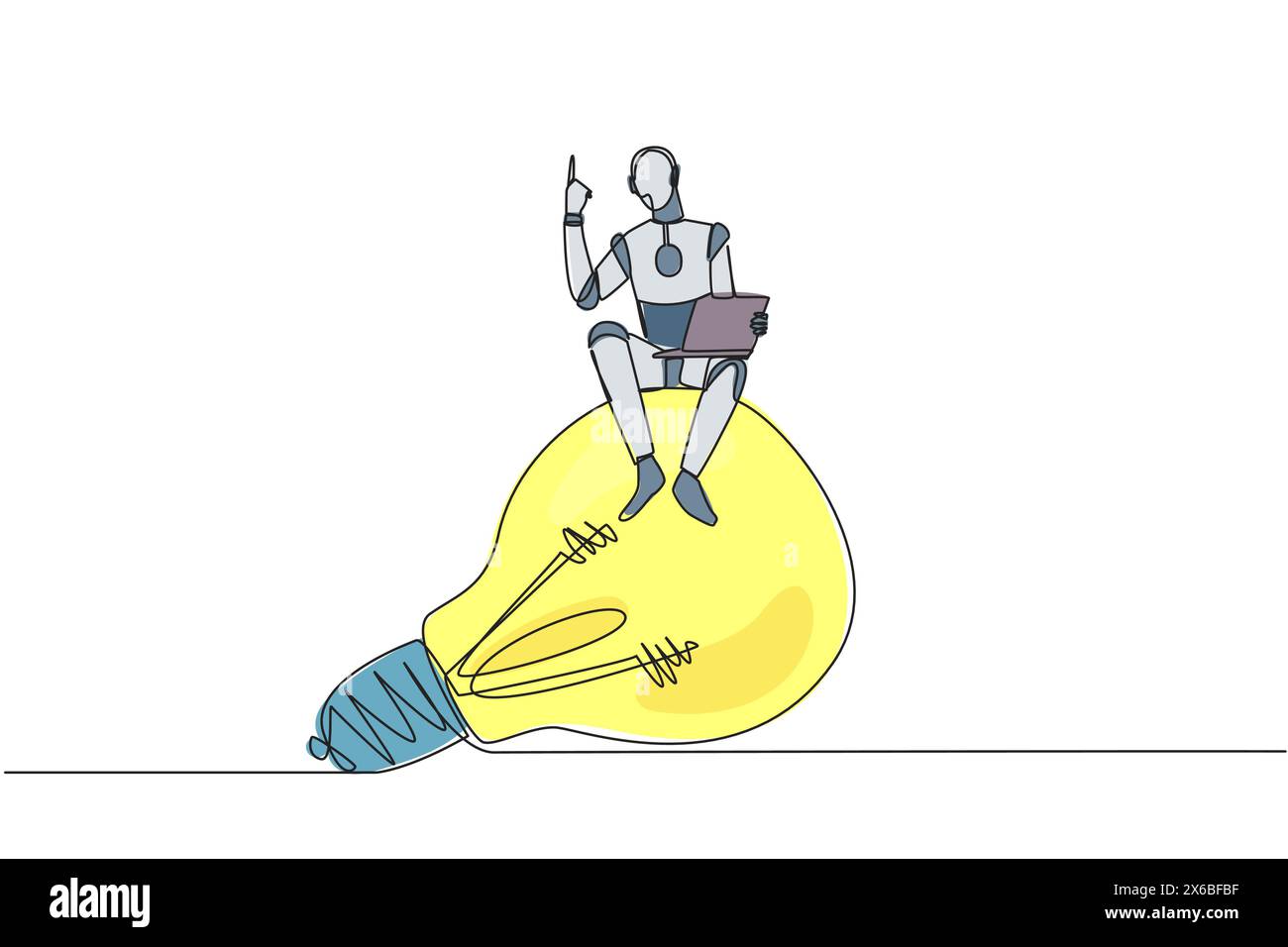 Single one line drawing robotic artificial intelligence sitting on giant lightbulb holding laptop raise one hand. Future technology development concep Stock Vector
