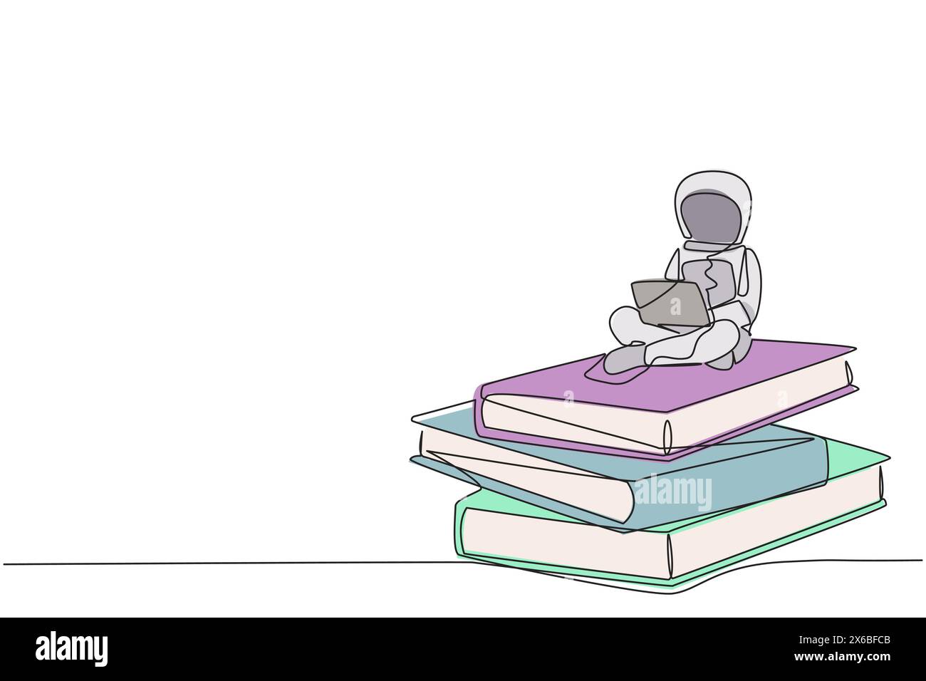 Single one line drawing young energetic astronaut sitting on stack of ...