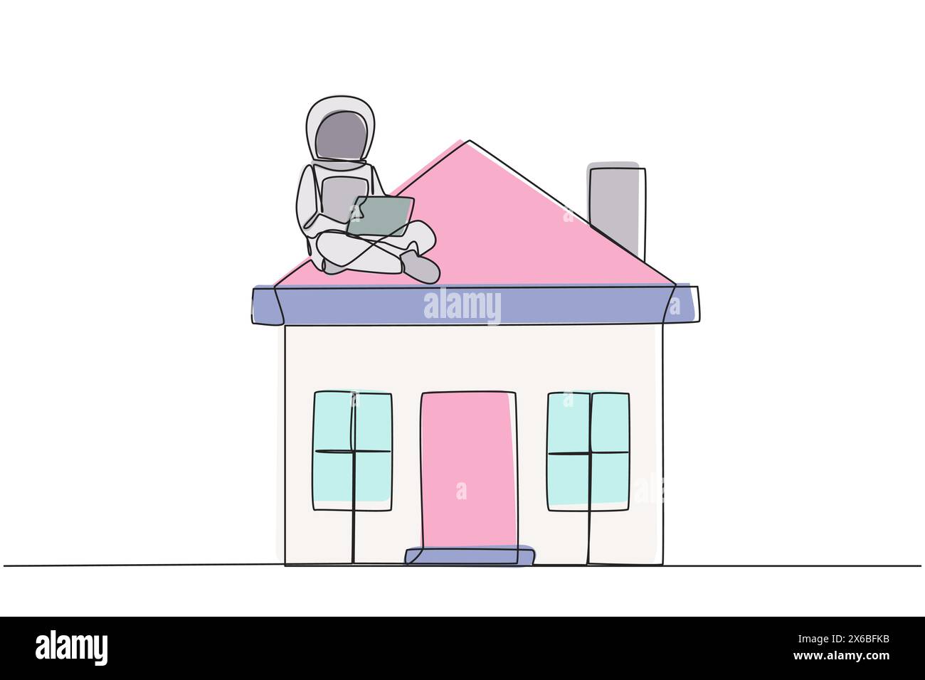 Continuous one line drawing young astronaut sitting on miniature house ...
