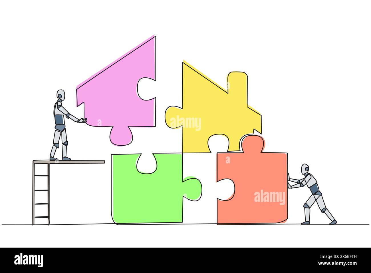 Single continuous line drawing two robots put together a square puzzle