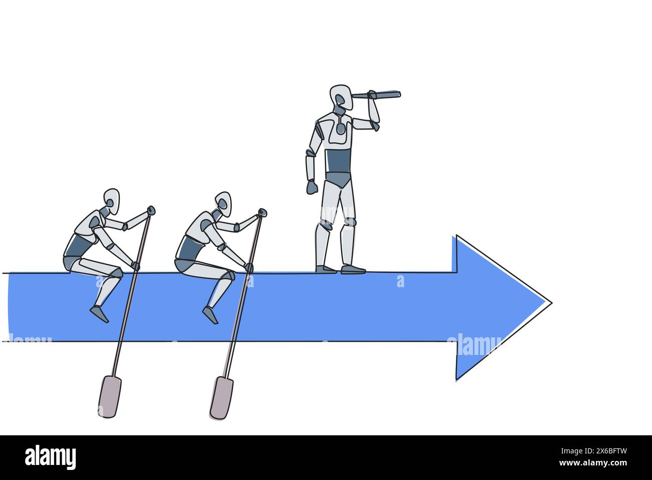 Continuous one line drawing three robots ride arrows. Teamwork with two of them rowing, the rest standing up using binoculars. Future tech development Stock Vector