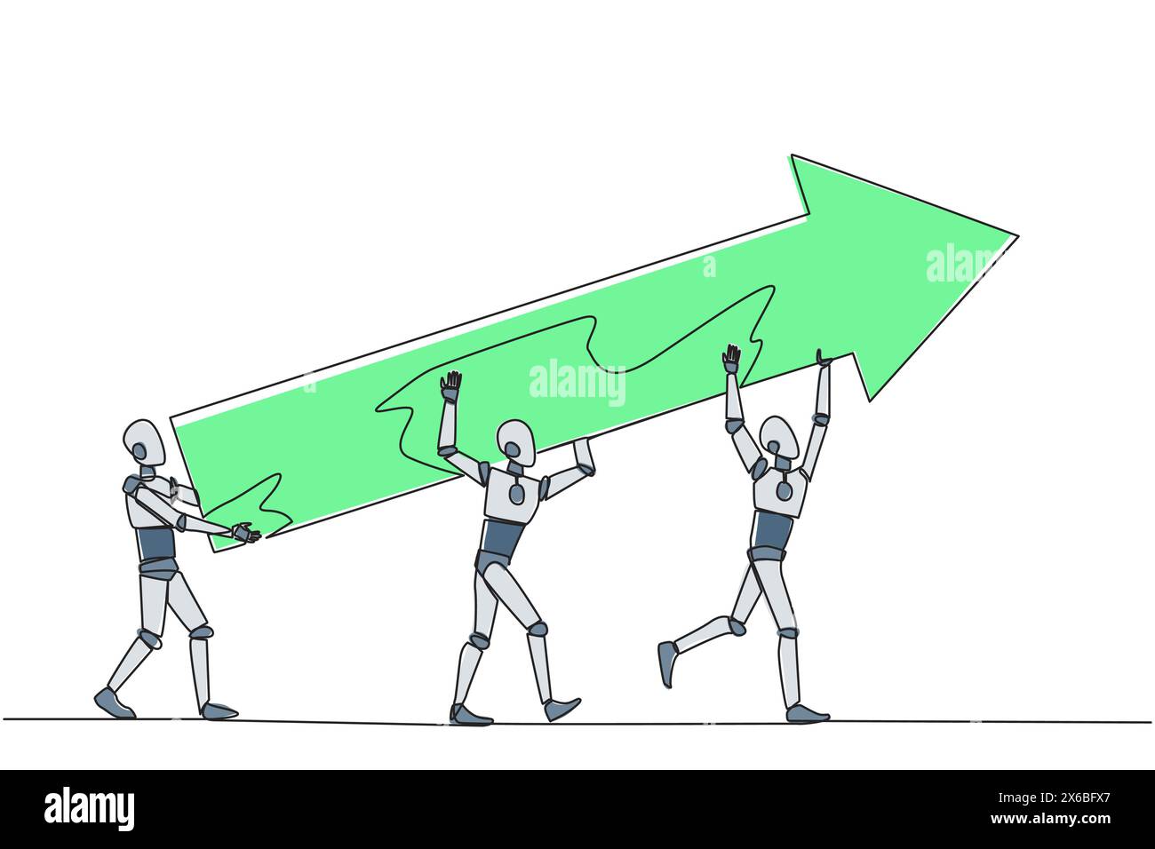 Continuous one line drawing three robots raised the big arrow together ...