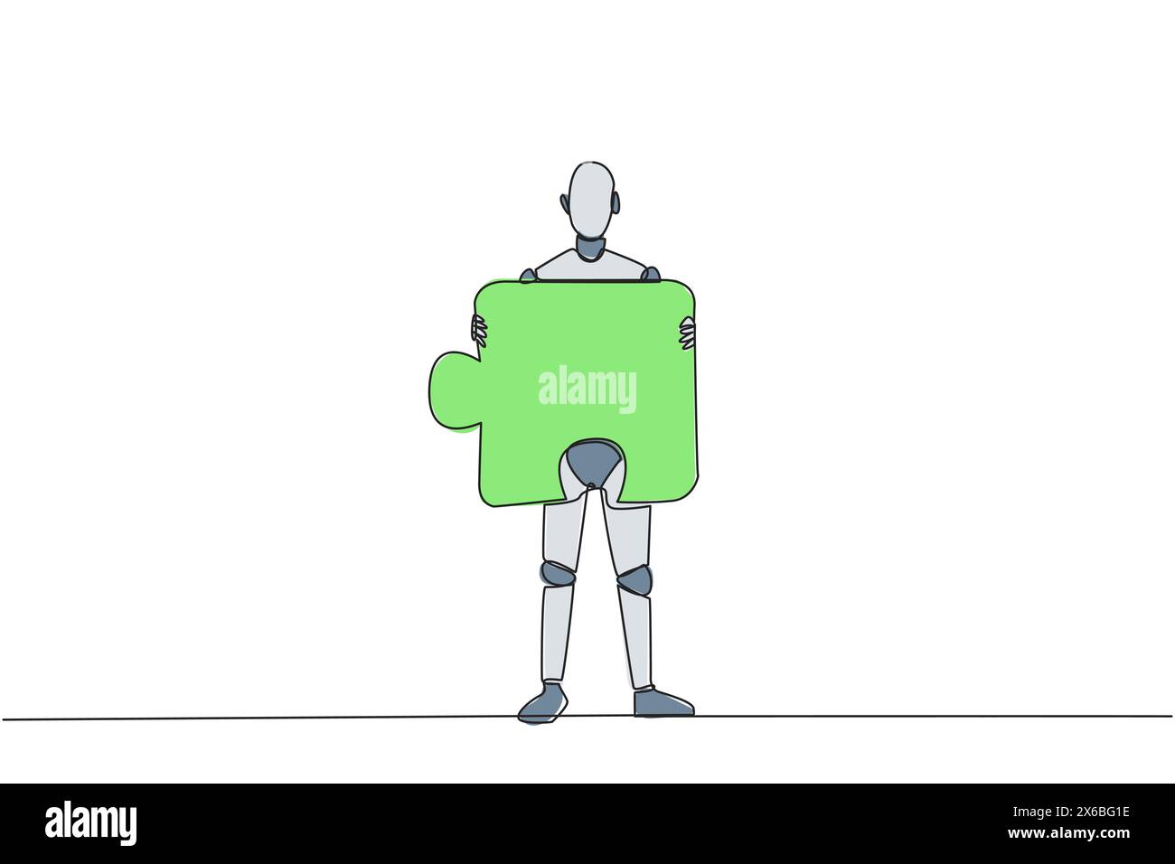 Single continuous line drawing robotic artificial intelligence brought puzzle piece and placed it in front of chest. Teamwork brings one piece each. F Stock Vector