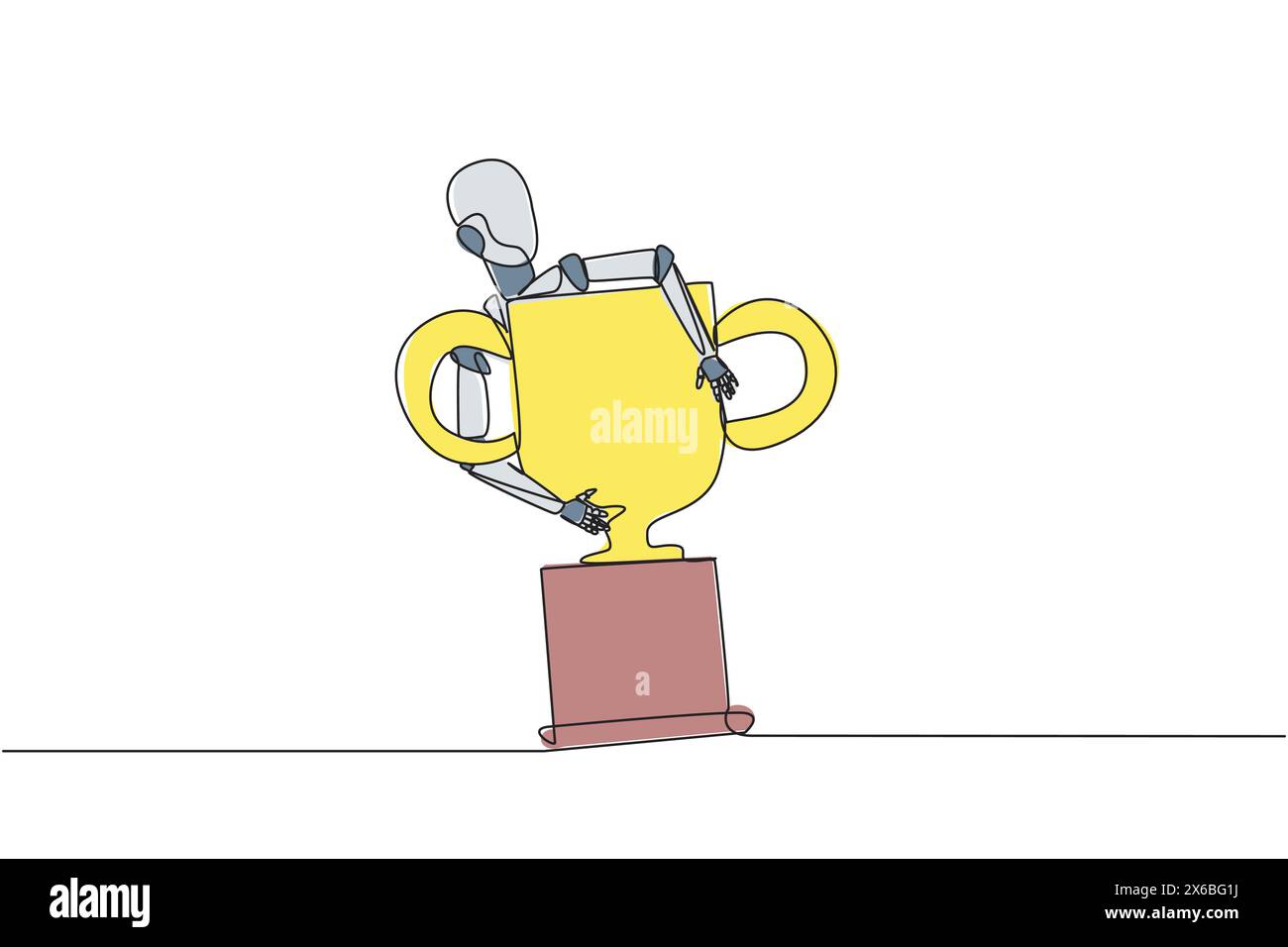 Single one line drawing robotic hugging trophy. The winner of soft engineering is an intelligent robot. Technology artificial intelligence. Future tec Stock Vector