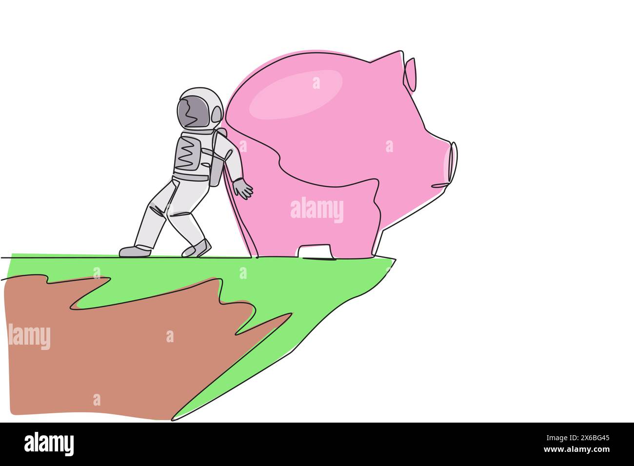 Single continuous line drawing astronaut pushed giant piggy bank down with his back from the edge of the cliff. Failed to save, the piggy bank is alwa Stock Vector