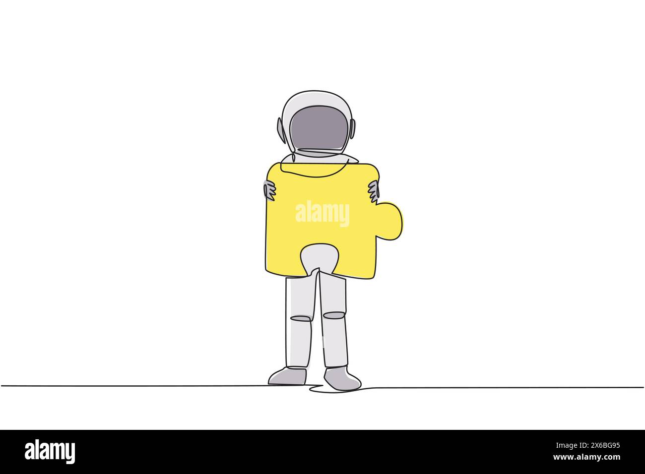 Single one line drawing young energetic astronaut brought puzzle piece ...