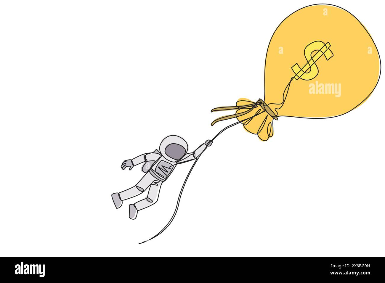 Single continuous line drawing astronaut holding on to a flying money ...