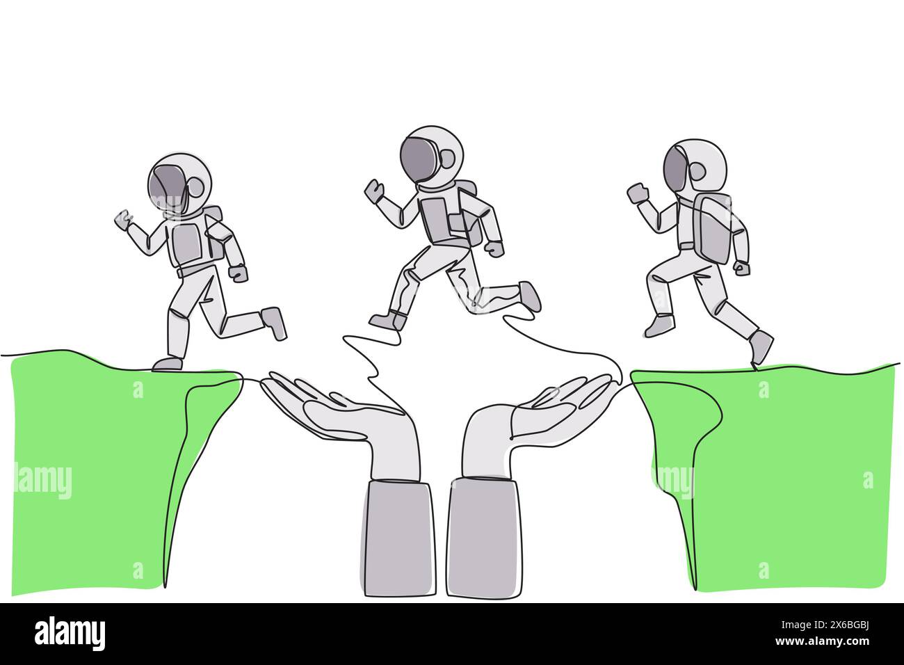 Continuous one line drawing 3 astronauts running through a cliff that has hole in the middle but is supported by large hand. Do teamwork towards bette Stock Vector