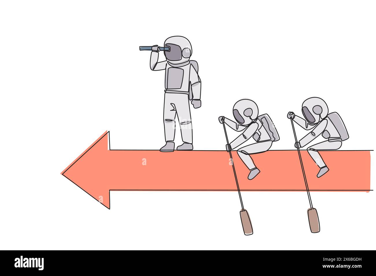 Single continuous line drawing 3 astronauts ride arrows. Teamwork with ...