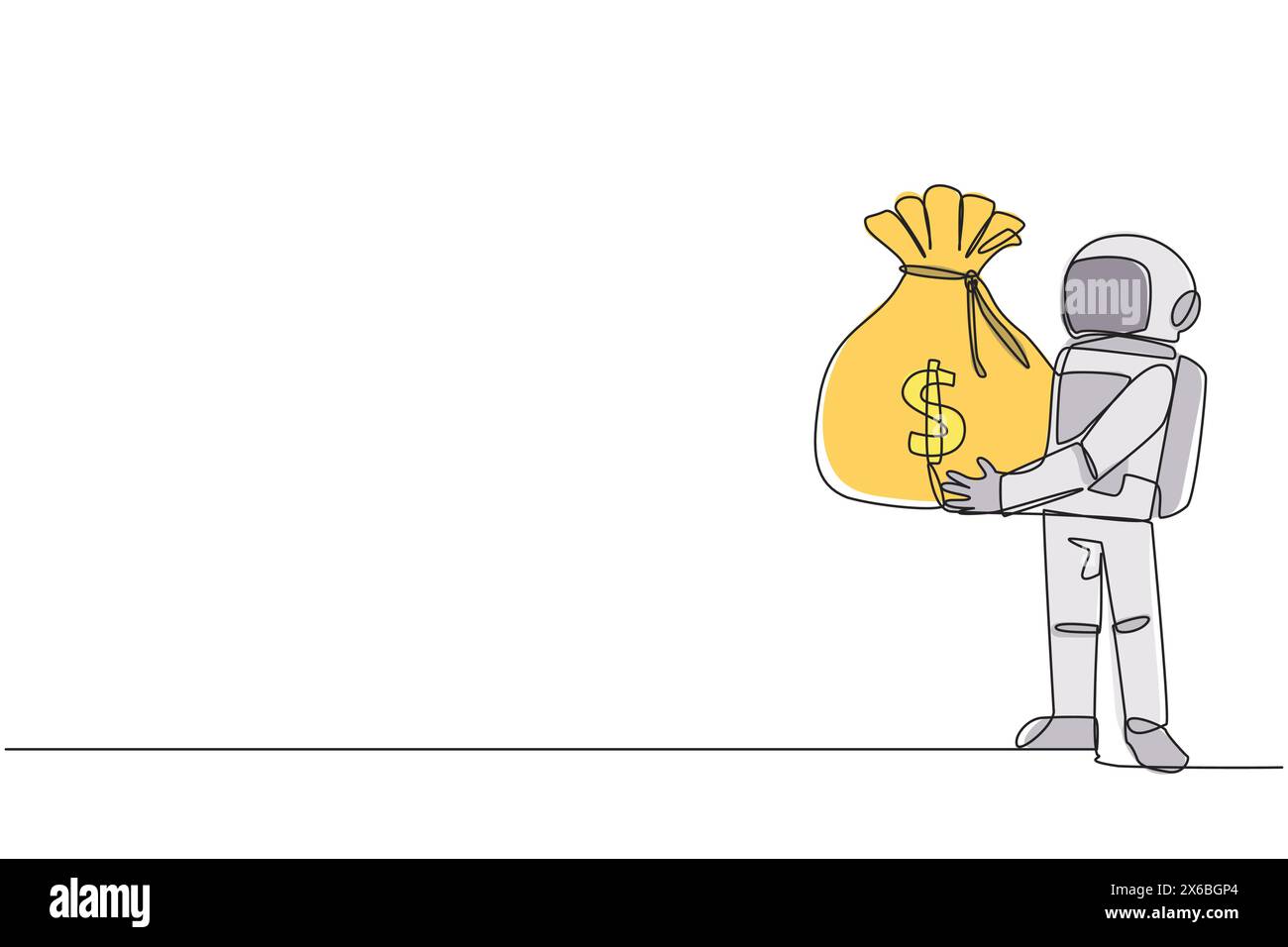 Single one line drawing young energetic astronaut lift up big money bag ...