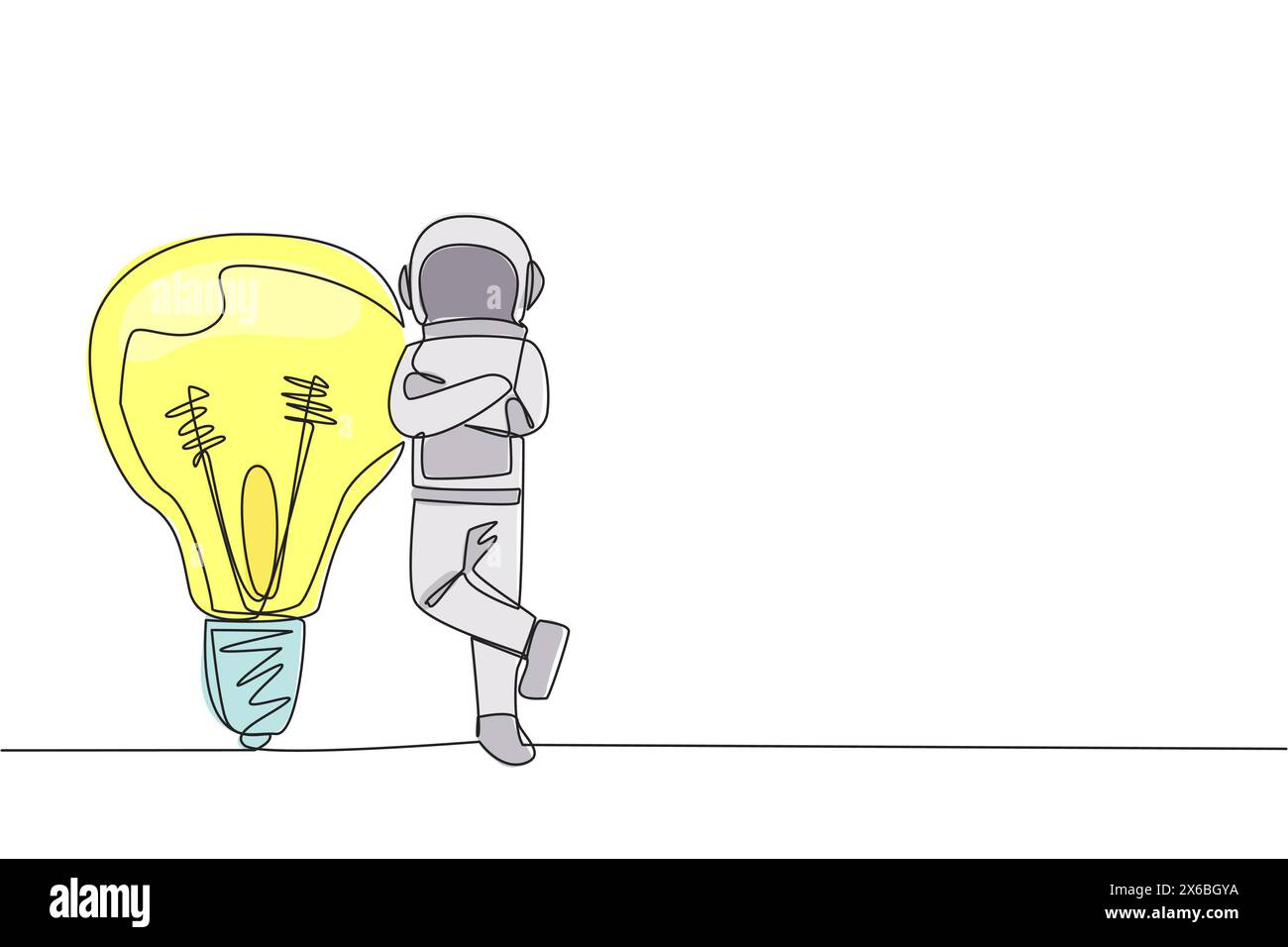 Single one line drawing young astronaut lean on giant lightbulb. Have big and brilliant ideas related to expeditions, but waiting for right time to do Stock Vector