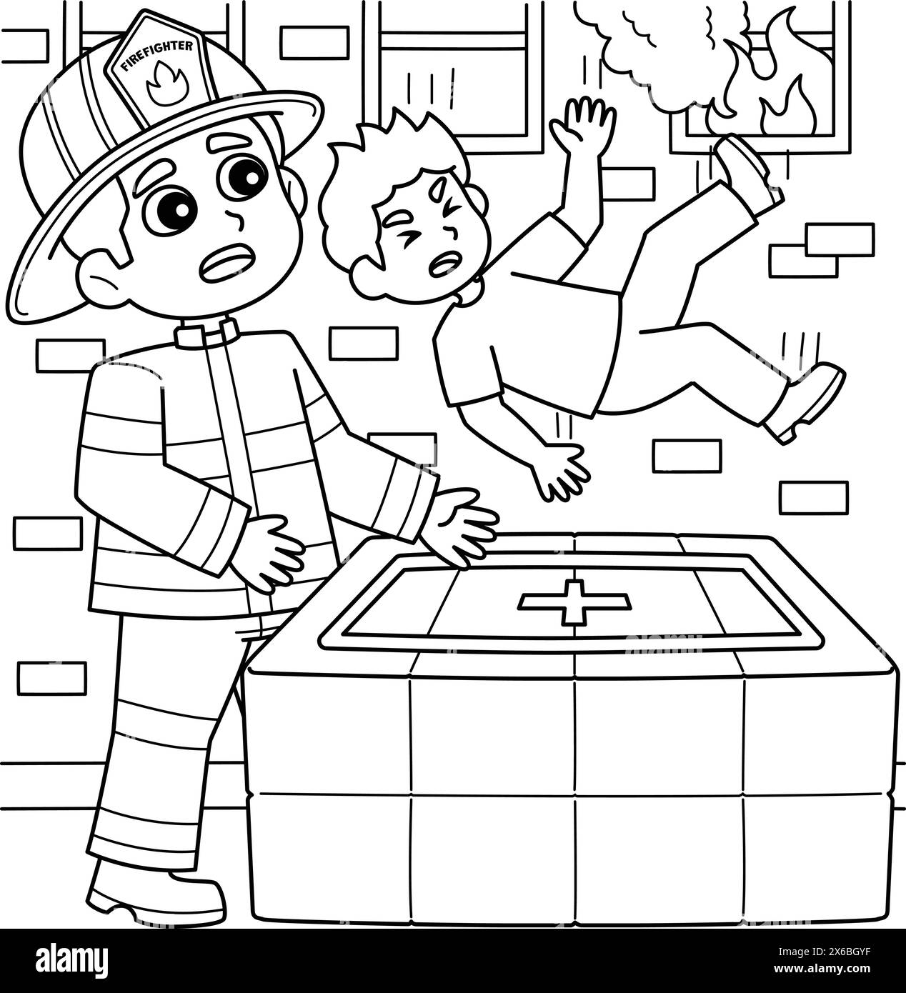 Firefighter Saving the Kid Coloring Page for Kids Stock Vector Image