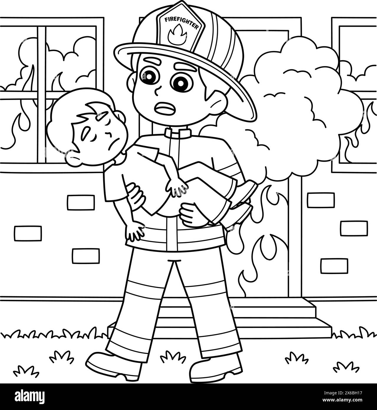 Firefighter Saving the Kid Coloring Page for Kids Stock Vector Image ...