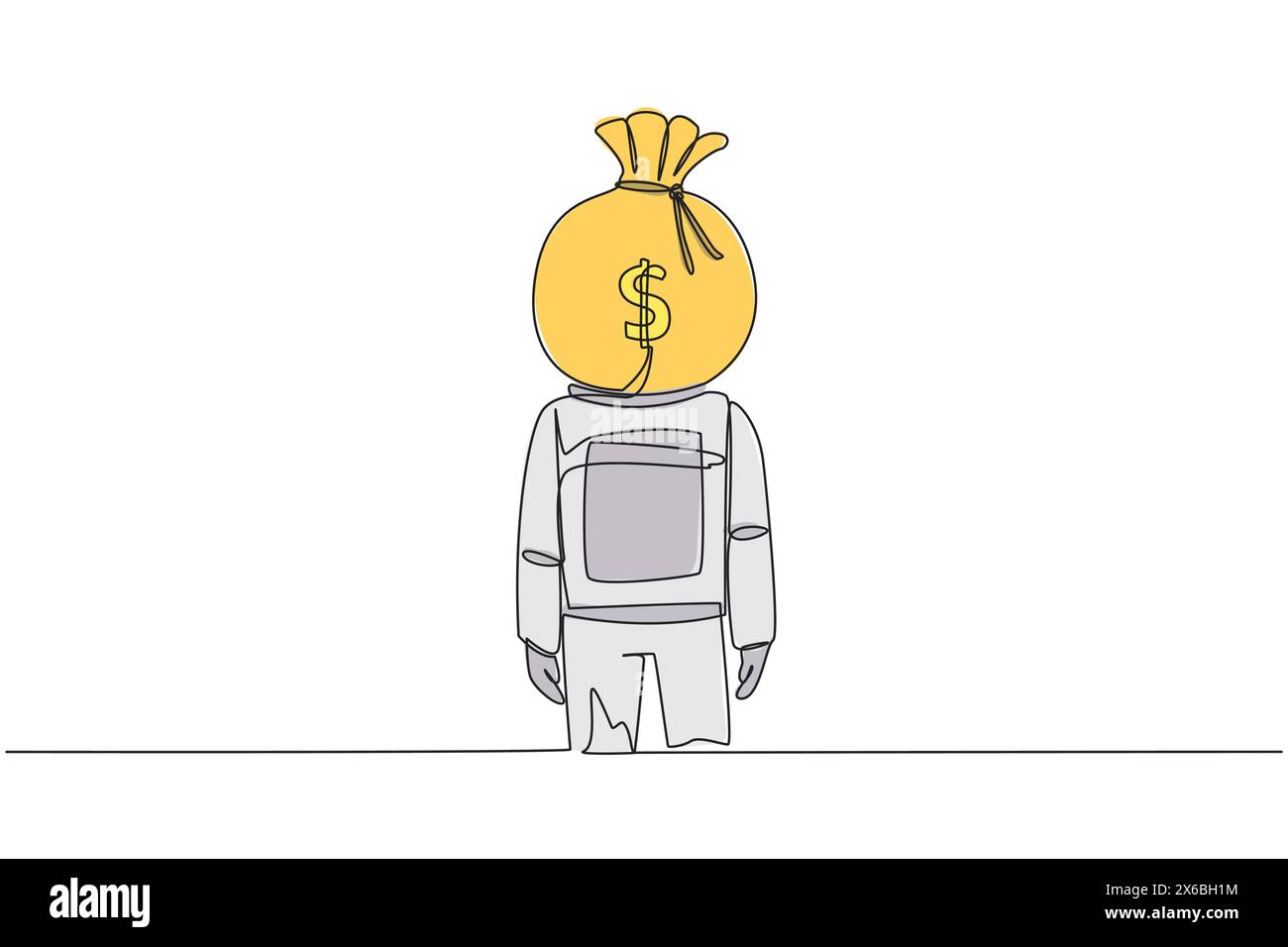 Single one line drawing young astronaut with money bag instead of head ...
