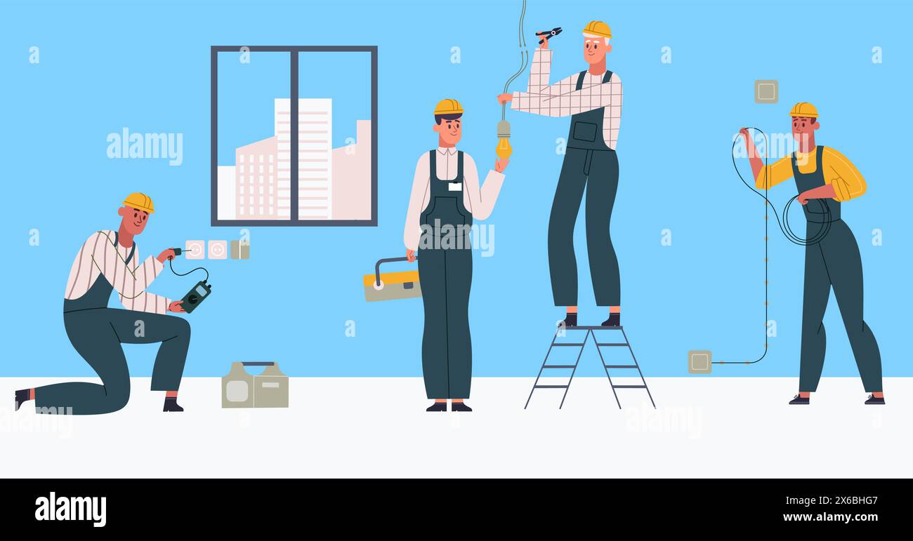 Image showcasing Professional electricians workers doing installation in apartment. Male ...
