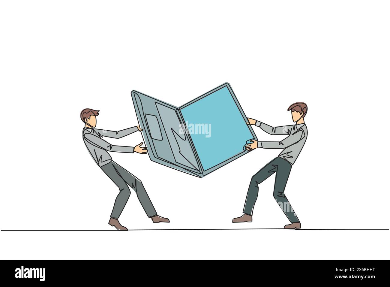 Single one line drawing two emotional businessman fighting over the laptop. Fighting for information about very good area to be the next target market Stock Vector