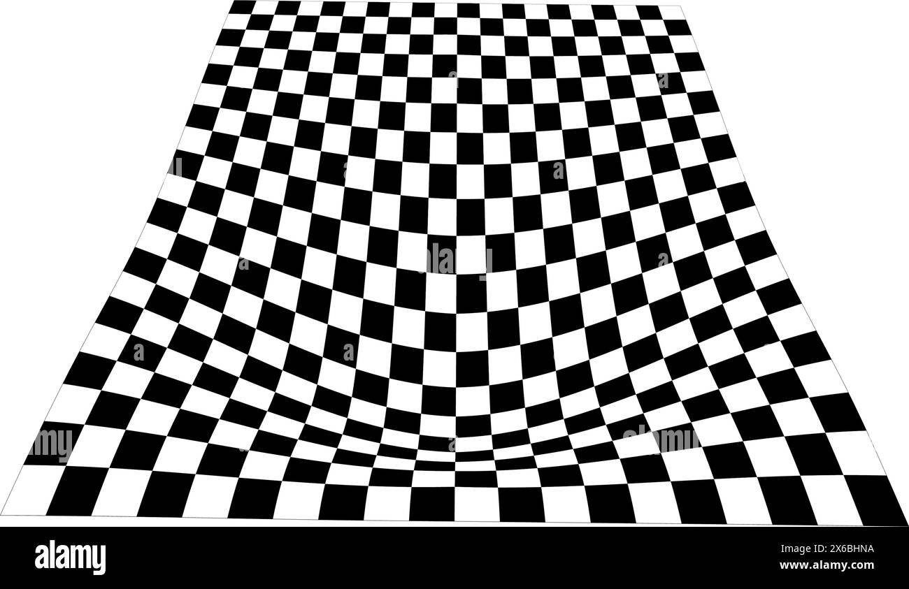 Distorted checkered plane in perspective. Warped tile floor. Curvatured checkerboard texture. Convex board with squared pattern. Gravity phenomenon Stock Vector