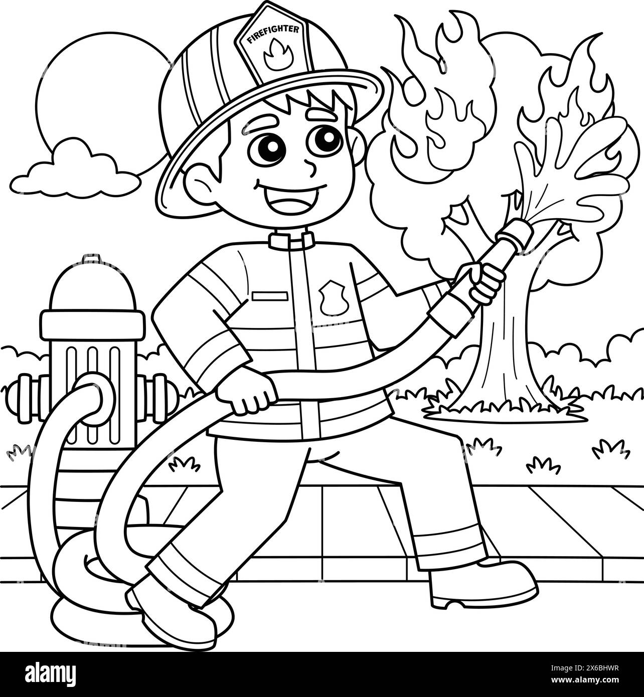 Firefighter Putting Out a Fire Coloring Page Stock Vector Image & Art ...