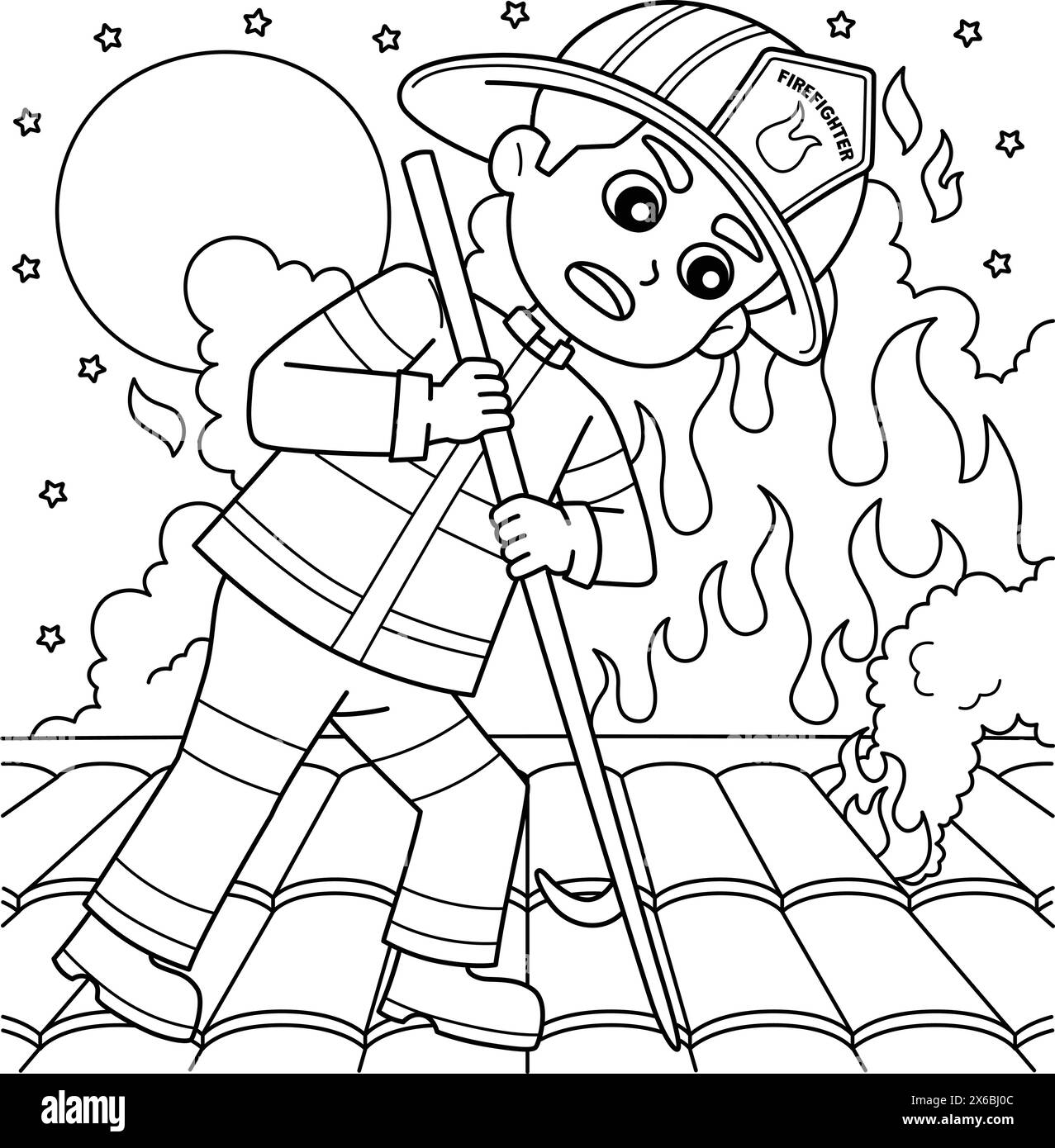 Firefighter Poking Roof Coloring Page for Kids Stock Vector Image & Art ...