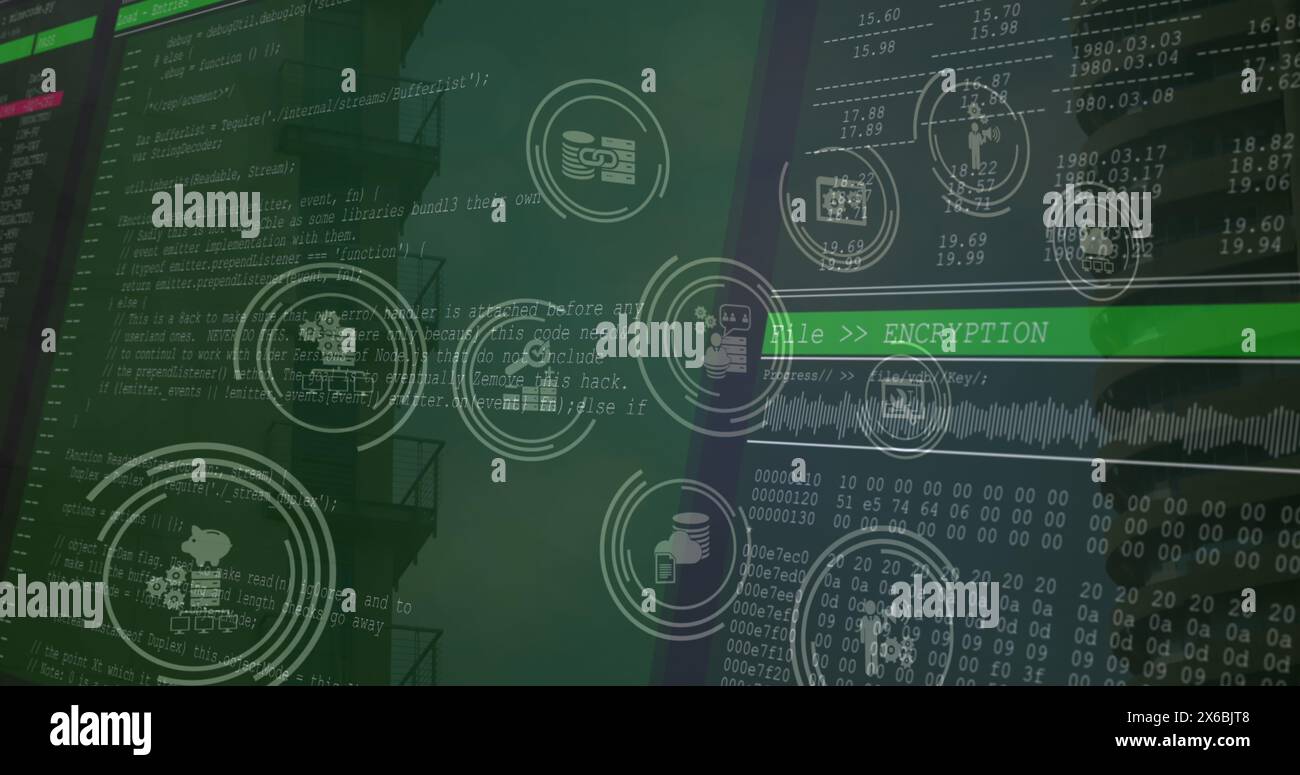 Image of tech icons and data processing on green digital screens Stock ...