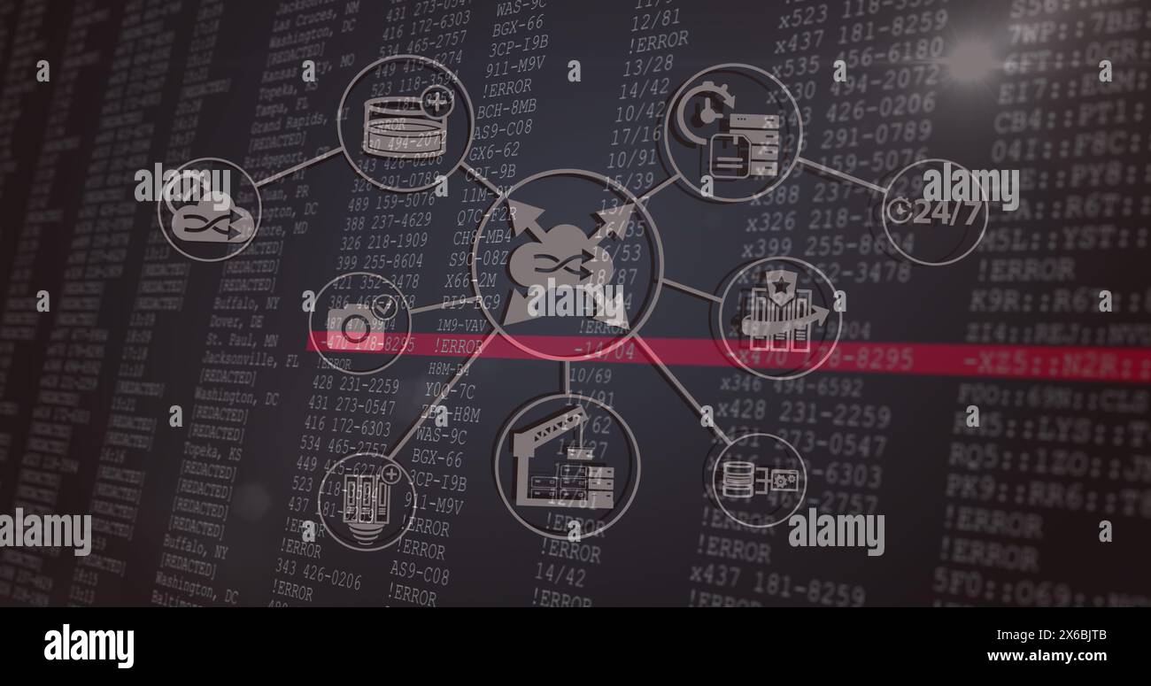 Image of falling icons over data processing on dark background Stock Photo