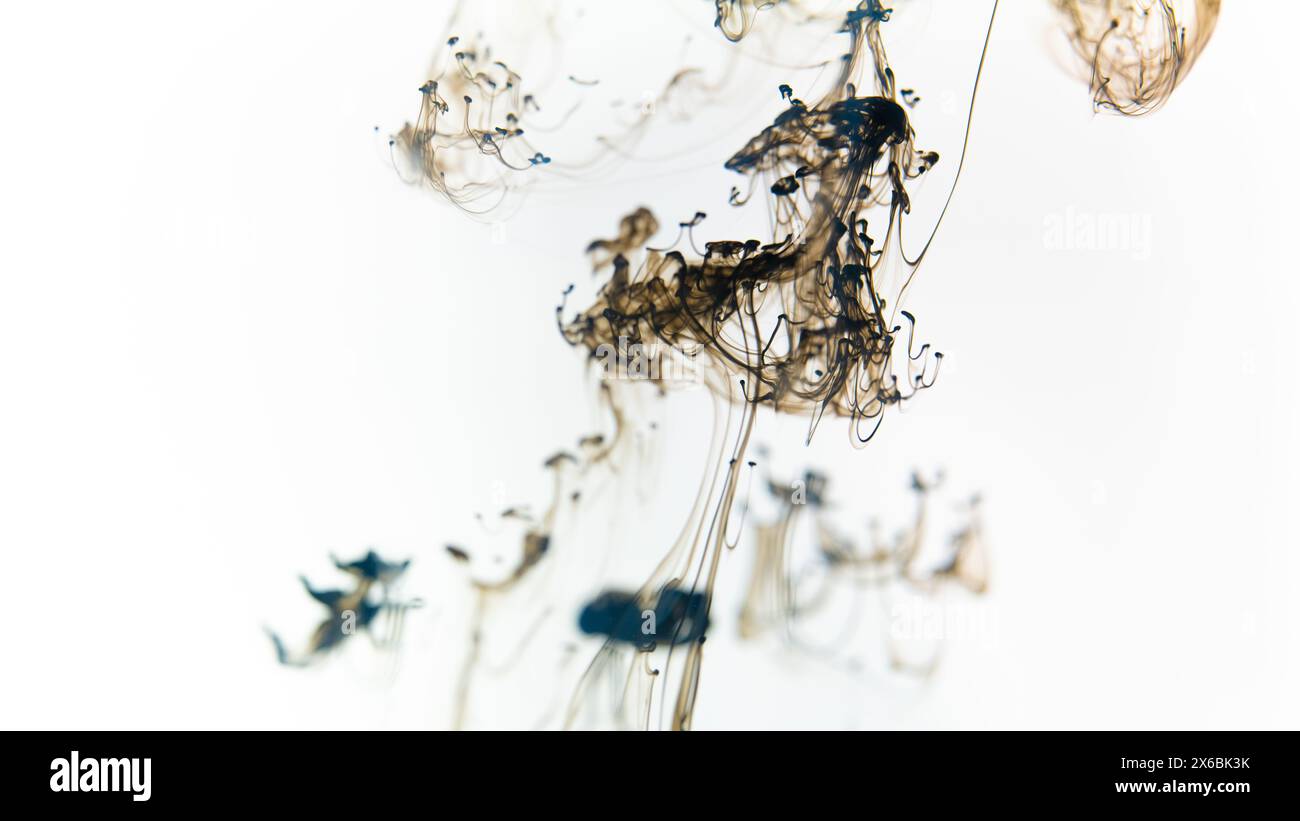 Black ink swirls forming delicate patterns as they diffuse elegantly through clear water, resembling an abstract ballet. Stock Photo