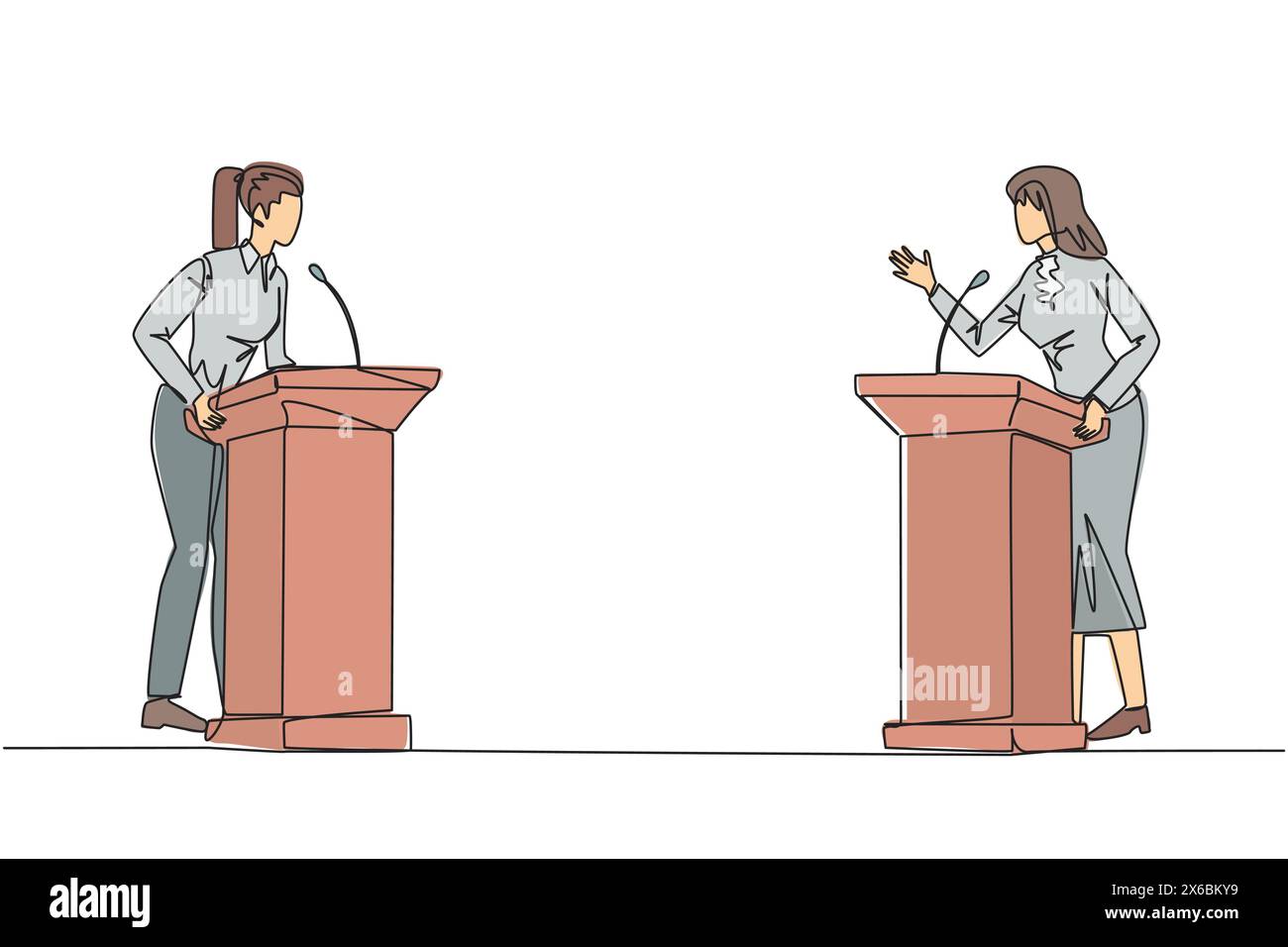 Single continuous line drawing two businesswomen arguing on the podium. Throwing opinions on the best way to deal with global warming. Open dialogue. Stock Vector