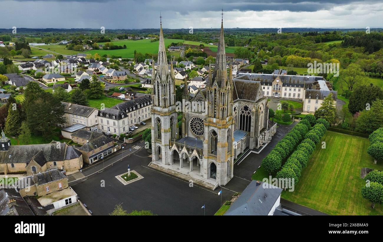 drone photo Pontmain Basilica France Europe Stock Photo