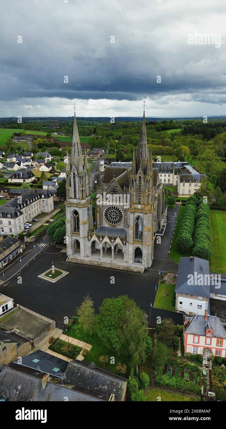 drone photo Pontmain Basilica France Europe Stock Photo