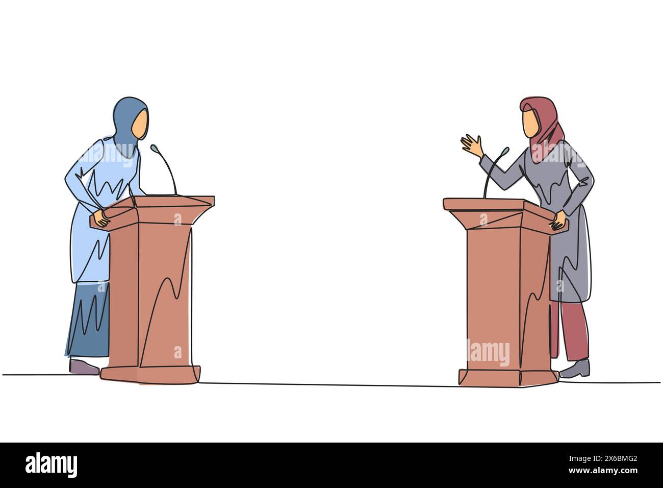 Single continuous line drawing two Arabian businesswoman arguing on podium. Throwing opinions on the best way to deal with global warming. Open dialog Stock Vector