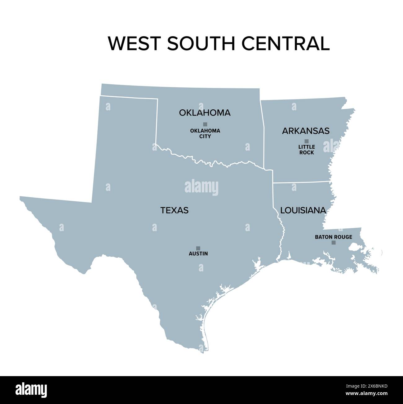 West South Central states, gray political map. United States Census division of the South region. Stock Photo