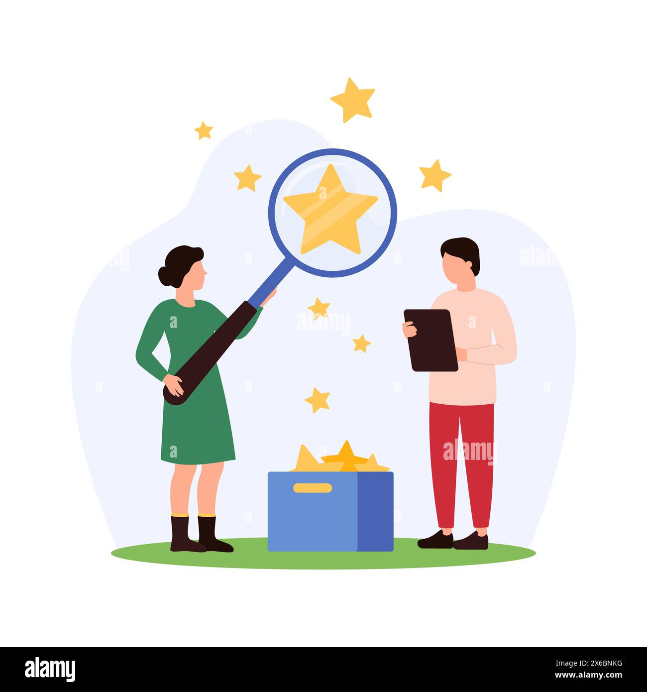 Customer review, comparison of user opinions, satisfaction and experiences about product. Tiny people looking through magnifying glass at golden stars flying out of box cartoon vector illustration Stock Vector