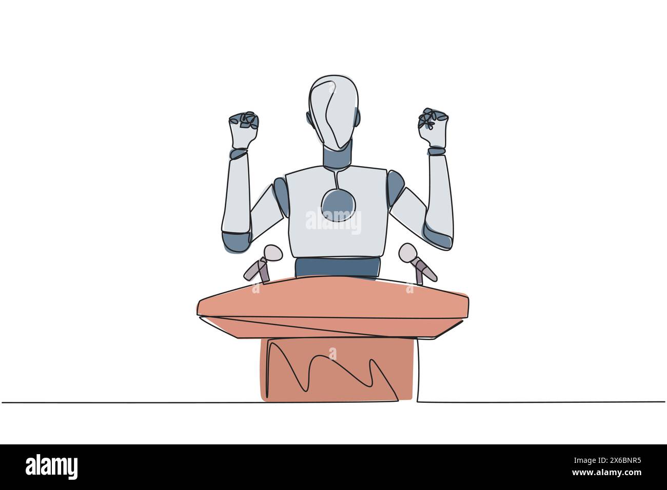 Continuous one line drawing smart robotic speaking at the podium while raising and clenching both hands. Styled like a politician seeking votes. Orato Stock Vector