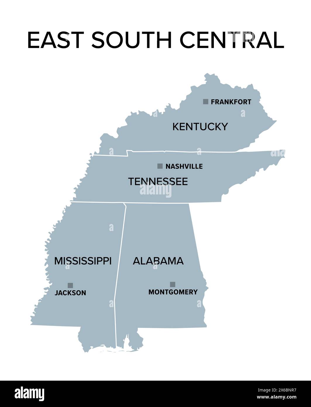 East South Central states, gray political map. United States Census division of the South region. Stock Photo