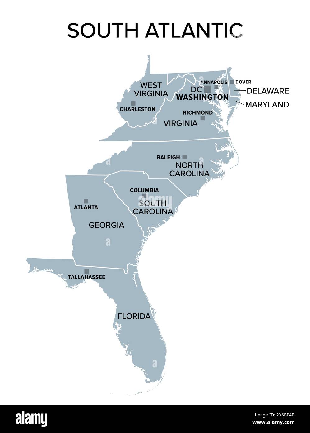 South Atlantic states, gray political map. United States Census division of South region. Stock Photo
