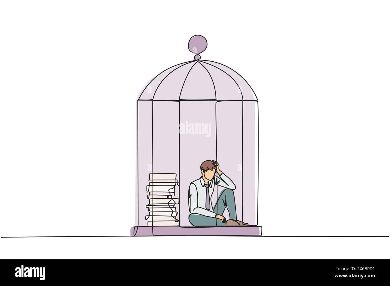 Single continuous line drawing businessman trapped in cage sitting down frustrated. Stress with piling up unfinished work until close to the deadline. Stock Vector