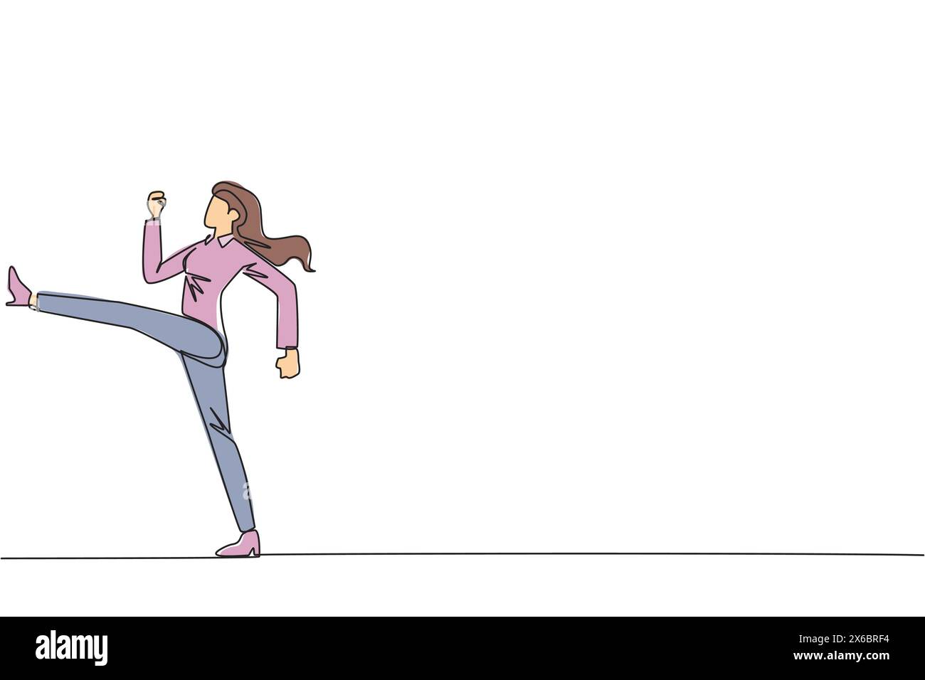Single one line drawing businesswoman doing kicking motion. Stretch